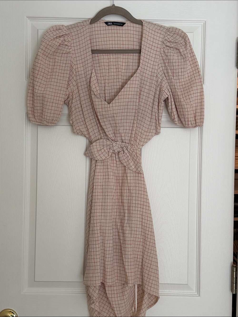 Zara Pink Grid Wrap Dress with Puff Sleeves